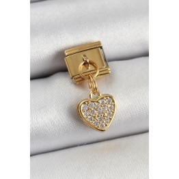 316L Çelik Sallantılı Zirkon Taşlı Kalp Model Gold Renk Nomination Charm TJ-BC1401