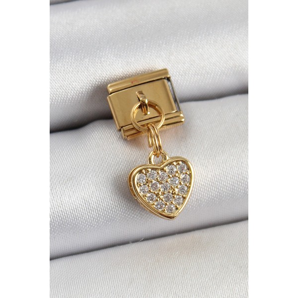 316L Çelik Sallantılı Zirkon Taşlı Kalp Model Gold Renk Nomination Charm TJ-BC1401