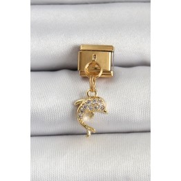 316L Çelik Sallantılı Zirkon Taşlı Yunus Balığı Model Gold Renk Nomination Charm TJ-BC1407