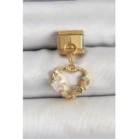 316L Çelik Sallantılı Zirkon Taşlı Kalp Model Gold Renk Nomination Charm TJ-BC1409