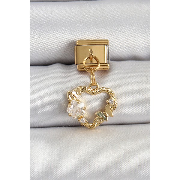 316L Çelik Sallantılı Zirkon Taşlı Kalp Model Gold Renk Nomination Charm TJ-BC1409