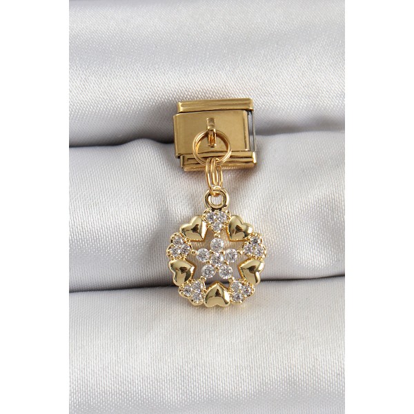316L Çelik Sallantılı Zirkon Taşlı Kalp Detaylı Yıldz Model Gold Renk Nomination Charm TJ-BC1415