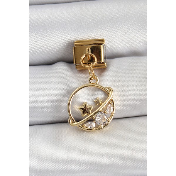 316L Çelik Sallantılı Zirkon Taşlı Satürn Model Gold Renk Nomination Charm TJ-BC1418