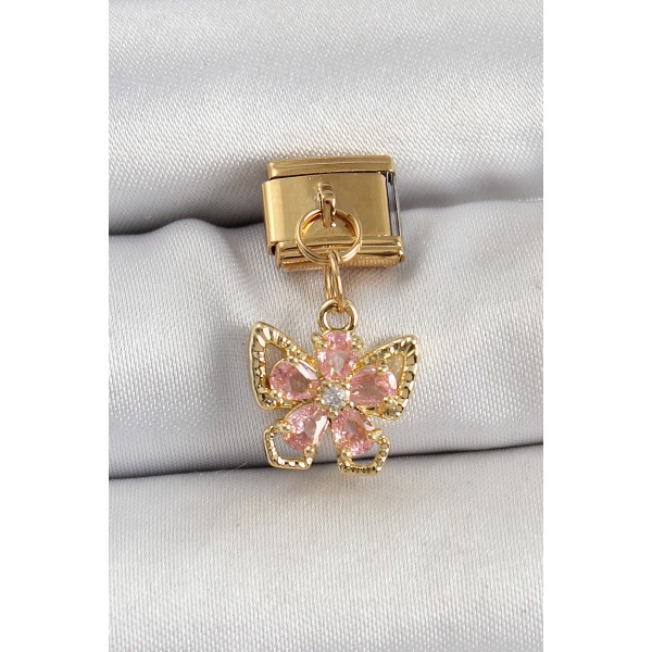 316L Çelik Sallantılı Zirkon Taşlı Çiçek Figürlü Model Gold Renk Nomination Charm TJ-BC1419