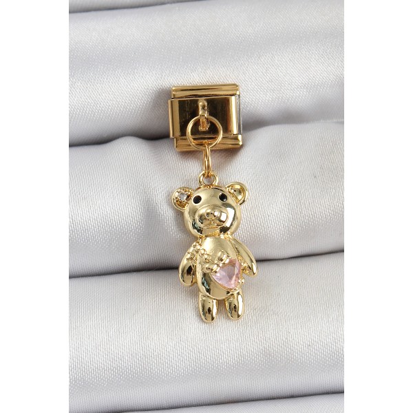 316L Çelik Sallantılı Zirkon Taşlı Ayıcık Model Gold Renk Nomination Charm TJ-BC1421