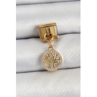 316L Çelik Sallantılı Zirkon Taşlı Hayat Ağacı Model Gold Renk Nomination Charm TJ-BC1422