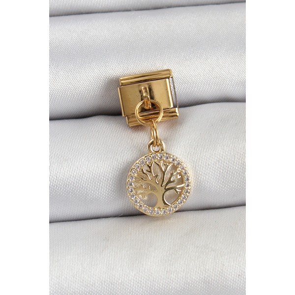 316L Çelik Sallantılı Zirkon Taşlı Hayat Ağacı Model Gold Renk Nomination Charm TJ-BC1422