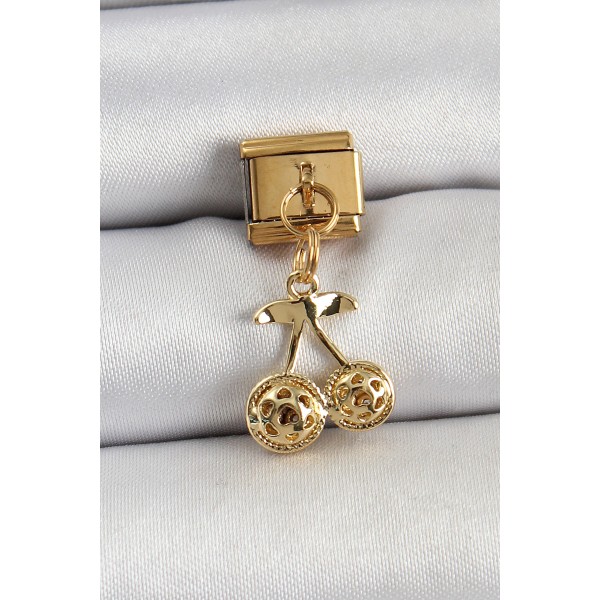 316L Çelik Sallantılı Zirkon Taşlı Fiyonk Model Gold Renk Nomination C316L Çelik Sallantılı Kiraz Model Gold Renk Nomination Charm TJ-BC1425