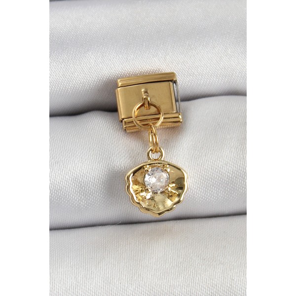 316L Çelik Sallantılı Zirkon Taşlı İstiridye Model Gold Renk Nomination Charm TJ-BC1426