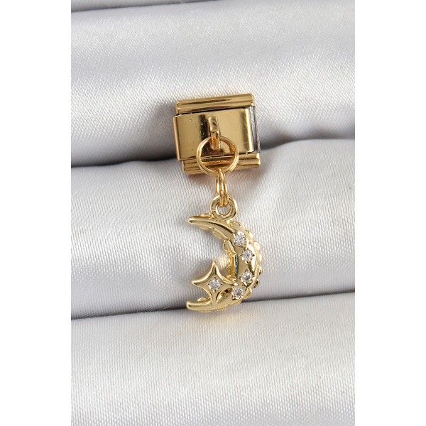 316L Çelik Sallantılı Zirkon Taşlı Ay Model Gold Renk Nomination Charm - TJ-BC1431