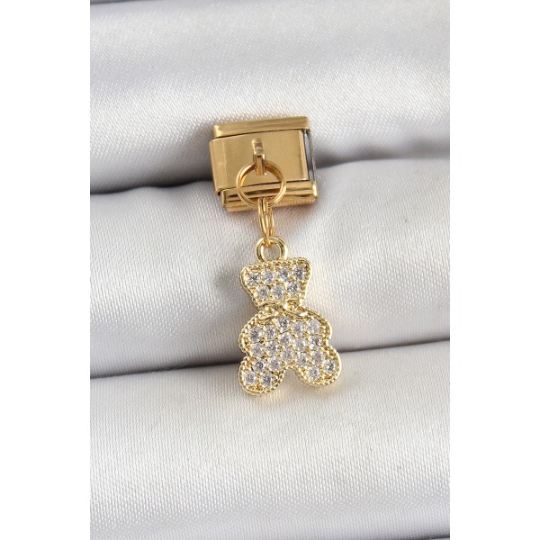 316L Çelik Sallantılı Zirkon Taşlı Ayıcık Model Gold Renk Nomination Charm TJ-BC1432