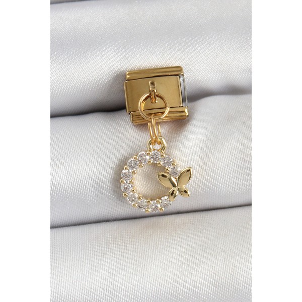 316L Çelik Sallantılı Zirkon Taşlı Detaylı Halka Model Gold Renk Nomination Charm TJ-BC1440