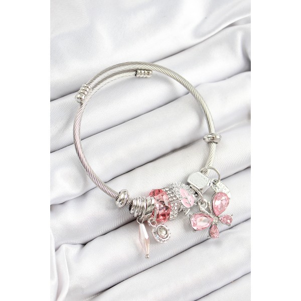 316L Çelik Pembe Zirkon Taşlı Model Gümüş Renk Charm Bileklik - TJ-BB7248