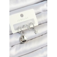 Pirinç Zirkon Taşlı Sallantılı Yıldız Model Gümüş Renk 3'lü Çift Kadın Küpe Set TJ-BKP10792