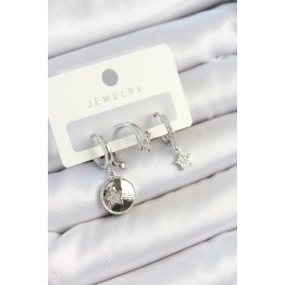 Pirinç Zirkon Taşlı Sallantılı Yıldız Model Gümüş Renk 3'lü Çift Kadın Küpe Set TJ-BKP10792