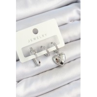 Pirinç Zirkon Taşlı Kalp Model Gümüş Renk 3'lü Çift Kadın Küpe Set TJ-BKP10794