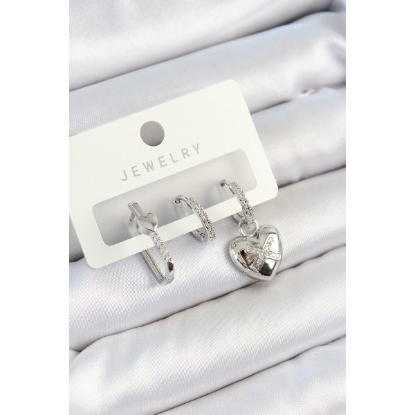 Pirinç Zirkon Taşlı Kalp Model Gümüş Renk 3'lü Çift Kadın Küpe Set TJ-BKP10794