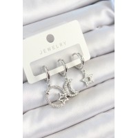 Pirinç Zirkon Taşlı Ay Ve Yıldız Model Gümüş Renk 3'lü Çift Kadın Küpe Set TJ-BKP10797