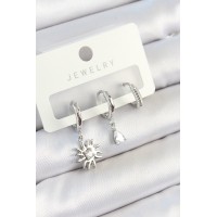 Pirinç Zirkon Taşlı Güneş Model Gümüş Renk 3'lü Çift Kadın Küpe Set TJ-BKP10799