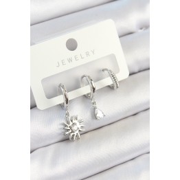 Pirinç Zirkon Taşlı Güneş Model Gümüş Renk 3'lü Çift Kadın Küpe Set TJ-BKP10799