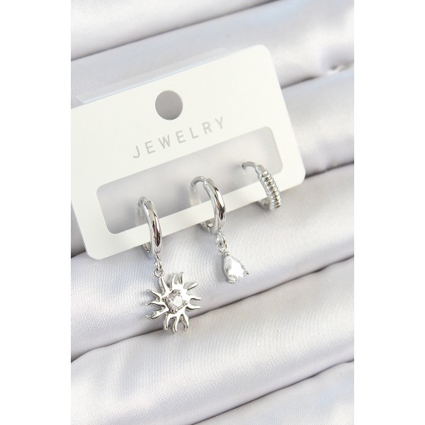 Pirinç Zirkon Taşlı Güneş Model Gümüş Renk 3'lü Çift Kadın Küpe Set TJ-BKP10799