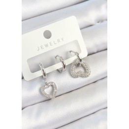 Pirinç Zirkon Taşlı Kalp Model Gümüş Renk 3'lü Çift Kadın Küpe Set TJ-BKP10801