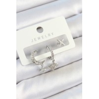 Pirinç Zirkon Taşlı Çiçek Ve Ay Model Gümüş Renk 3'lü Çift Kadın Küpe Set TJ-BKP10804