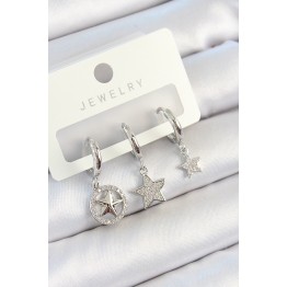 Pirinç Zirkon Taşlı Yıldız Model Gümüş Renk 3'lü Çift Kadın Küpe Set TJ-BKP10809