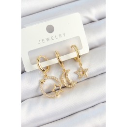 Pirinç Zirkon Taşlı Yıldız Ve Ay Model Gold Renk 3'lü Kadın Küpe Set TJ-BKP10819