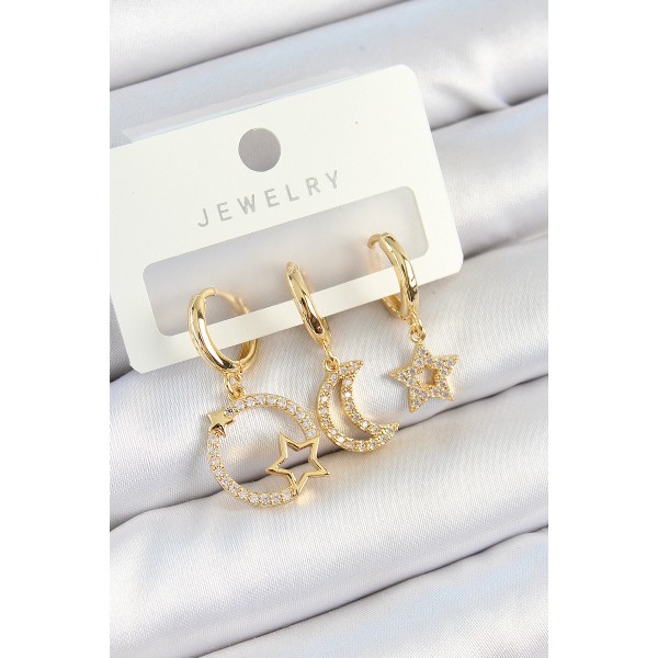 Pirinç Zirkon Taşlı Yıldız Ve Ay Model Gold Renk 3'lü Kadın Küpe Set TJ-BKP10819