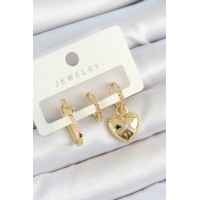 Pirinç Zirkon Taşlı Kalp Model Gold Renk 3'lü Çift Kadın Küpe Set TJ-BKP10822