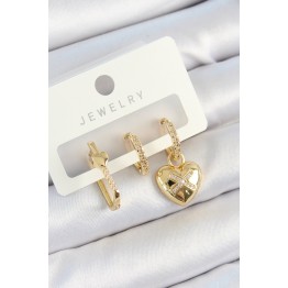 Pirinç Zirkon Taşlı Kalp Model Gold Renk 3'lü Çift Kadın Küpe Set TJ-BKP10822