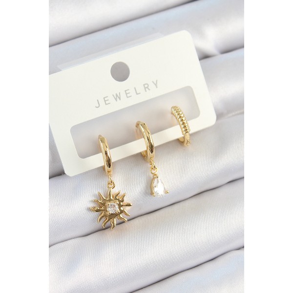 Pirinç Zirkon Taşlı Güneş Model Gold Renk 3'lü Çift Kadın Küpe Set TJ-BKP10824