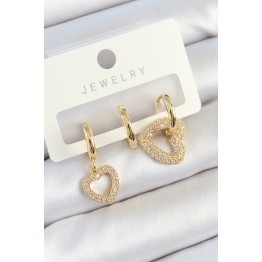 Pirinç Zirkon Taşlı Kalp Model Gold Renk 3'lü Çift Kadın Küpe Set TJ-BKP10825