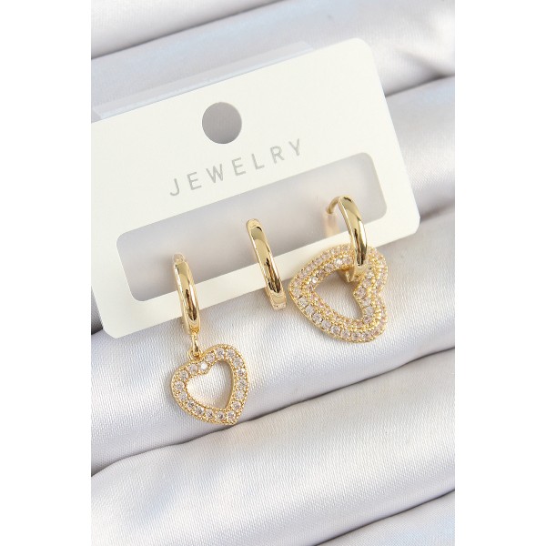Pirinç Zirkon Taşlı Kalp Model Gold Renk 3'lü Çift Kadın Küpe Set TJ-BKP10825