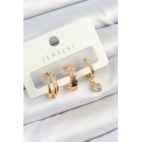 Pirinç Zirkon Taşlı Halka Model Gold Renk 3'lü Çift Kadın Küpe Set TJ-BKP10826