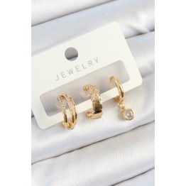 Pirinç Zirkon Taşlı Halka Model Gold Renk 3'lü Çift Kadın Küpe Set TJ-BKP10826
