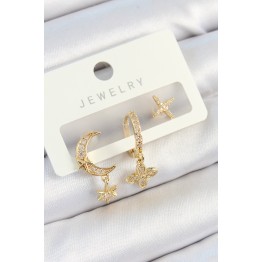 Pirinç Zirkon Taşlı Çiçek Ve Ay Model Gold Renk 3'lü Çift Kadın Küpe Set TJ-BKP10827