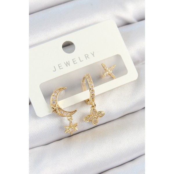 Pirinç Zirkon Taşlı Çiçek Ve Ay Model Gold Renk 3'lü Çift Kadın Küpe Set TJ-BKP10827