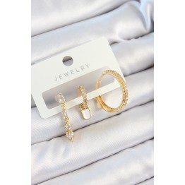Pirinç Zirkon Taşlı Sallantılı Model Gold Renk 3'lü Çift Kadın Küpe Set TJ-BKP10829