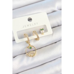 Pirinç Zirkon Taşlı Göz Ve Baykuş Model Gold Renk 3'lü Çift Kadın Küpe Set TJ-BKP10831