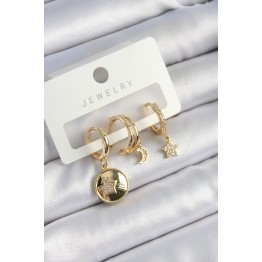 Pirinç Zirkon Taşlı Yıldız Ve Ay Model Gold Renk 3'lü Çift Kadın Küpe Set TJ-BKP10833
