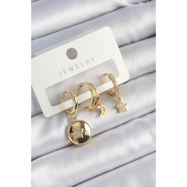 Pirinç Zirkon Taşlı Yıldız Ve Ay Model Gold Renk 3'lü Çift Kadın Küpe Set TJ-BKP10833