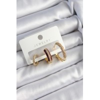 Pirinç Zirkon Taşlı Bordo Halka Model Gold Renk 3'lü Çift Kadın Küpe Set - TJ-BKP10834