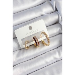 Pirinç Zirkon Taşlı Bordo Halka Model Gold Renk 3'lü Çift Kadın Küpe Set - TJ-BKP10834
