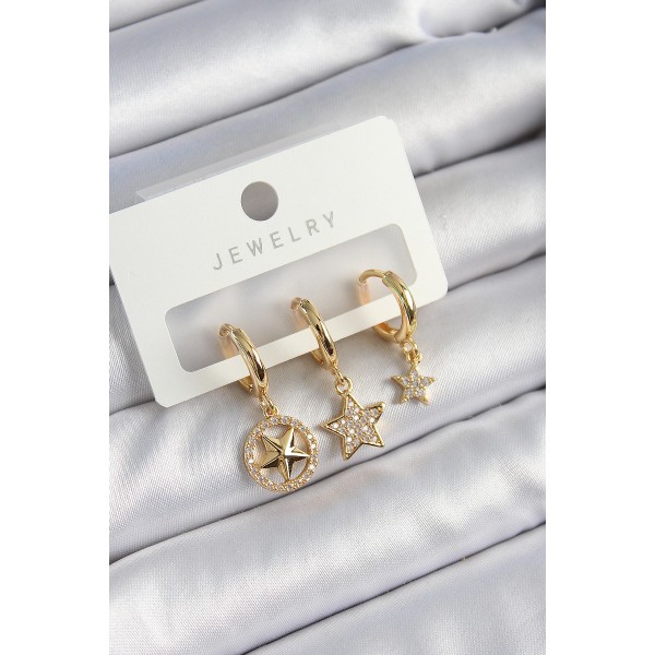 Pirinç Zirkon Taşlı Yıldız Model Gold Renk 3'lü Çift Kadın Küpe Set TJ-BKP10835