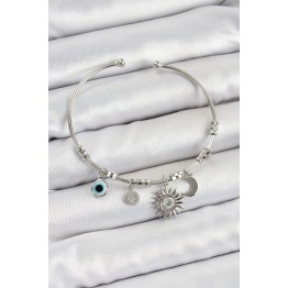 Pirinç Zirkon Taşlı Güneş Ay Ve Nazar Model Gümüş Renk Charm Bileklik TJ-BB7346