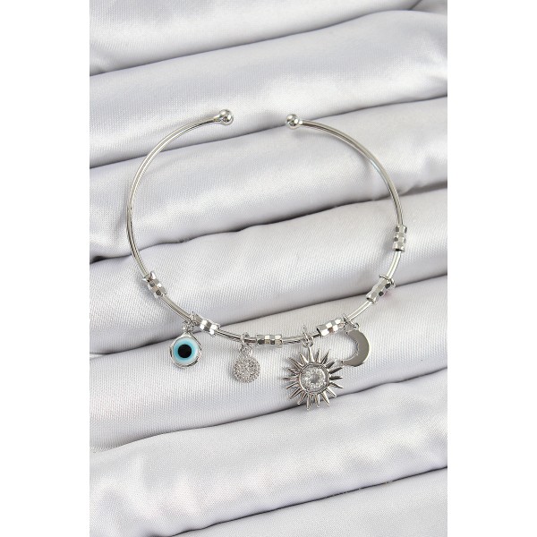 Pirinç Zirkon Taşlı Güneş Ay Ve Nazar Model Gümüş Renk Charm Bileklik TJ-BB7346