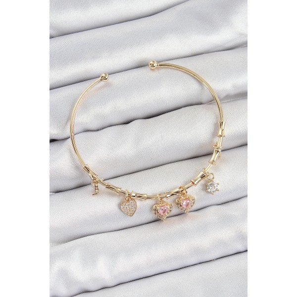 Pirinç Zirkon Taşlı Pembe Kalp Model Gold Renk Charm Bileklik TJ-BB7356