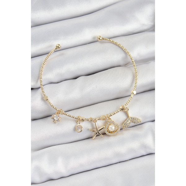 Pirinç Zirkon Taşlı İstiridye Ve Deniz Yıldızı Model Gold Renk Charm Bileklik TJ-BB7358